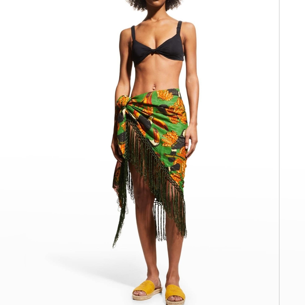 Farm Rio Reversible Green/Pink Toucananas Fringe Sarong Coverup